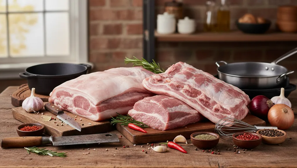 Aneka potongan daging babi segar di atas talenan kayu butcher